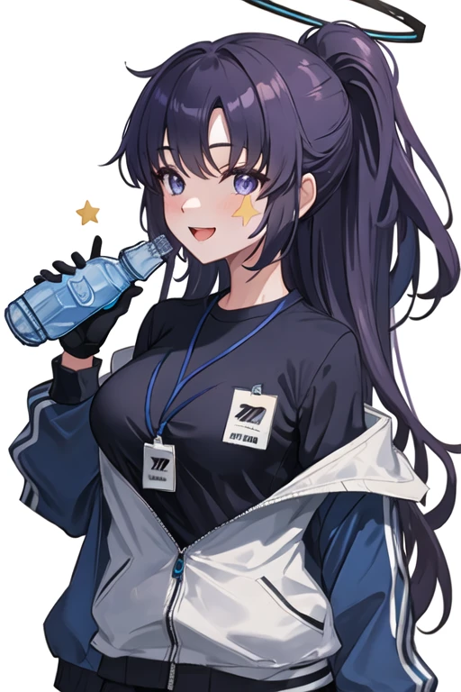 best quality, masterpiece, highres, solo, {yuuka_bluearchive:1.15}, long_hair, halo, bangs, purple_hair, blush, blue_eyes, purple_eyes, breasts, two_side_up, 1girl, bottle, id_card, lanyard, looking_at_viewer, official_alternate_costume, ponytail, shirt, water_bottle, blue_jacket, gym_uniform, holding, holding_bottle, jacket, sticker_on_face, black_shirt, track_jacket, star_\(symbol\), medium_breasts, buruma, white_background, partially_unzipped, open_mouth, simple_background, smile