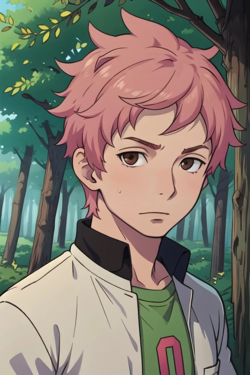 masterpiece, best quality, game cg, 1boy, solo, male focus, looking at viewer, , , <lora:renzou_shima:0.70>, renzou_shima, pink hair, brown eyes, , , The Enchanted Forest,