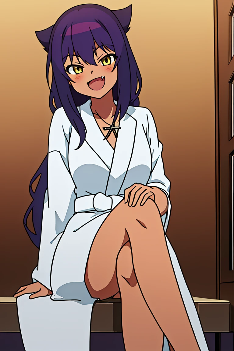 <lora:Jahy_Final_v2:0.8>, jahy_mature,sitting cross legs,bathrobe,smile,fang,open mouth,
extremely detailed 8K wallpaper,
masterpiece,best quality,1girl,solo,nice hand,good hand,