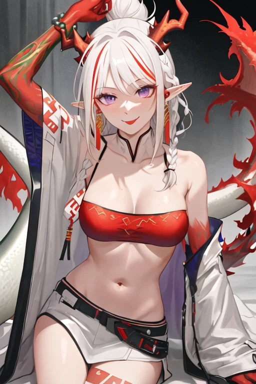 best quality, masterpiece, highres, solo, {nian_arknights:1.15}, horns, pointy_ears, white_hair, multicolored_hair, red_hair, purple_eyes, streaked_hair, bangs, long_hair, jewelry, braid, smile, breasts, dragon_horns, earrings, upper_body, colored_skin, red_skin