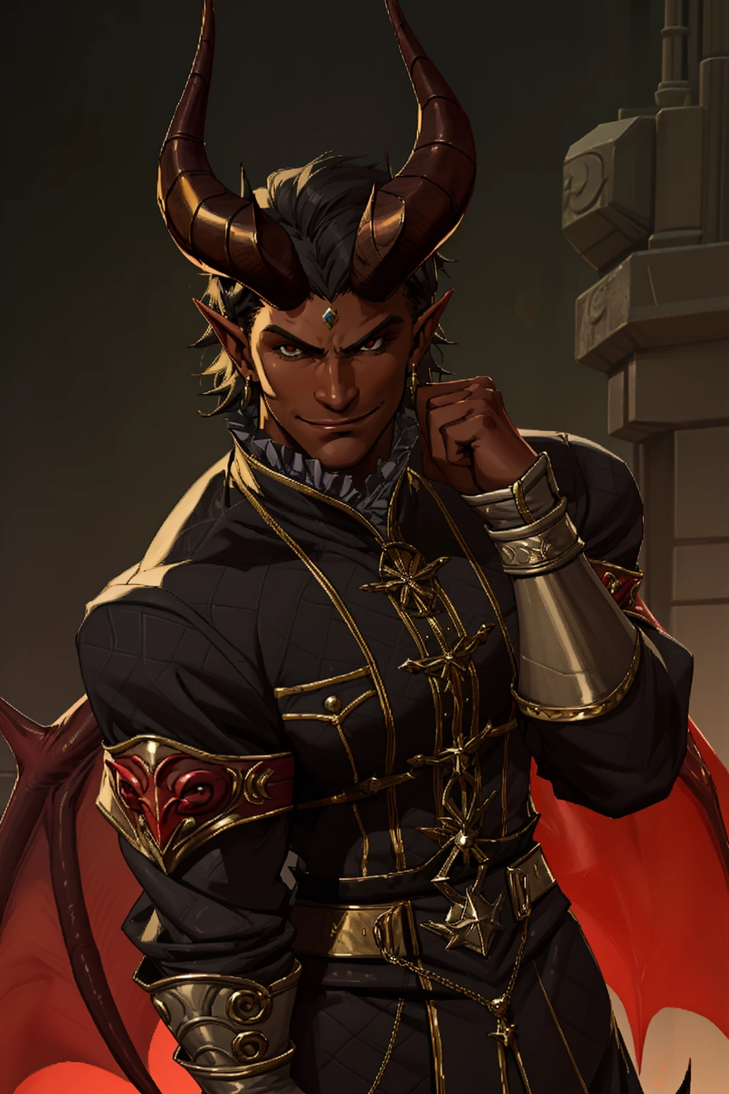 RaphaelDBG, 1boy, smirk, handsome face, horns, dark skin, demon boy, <lora:RaphaelDBG:0.7>