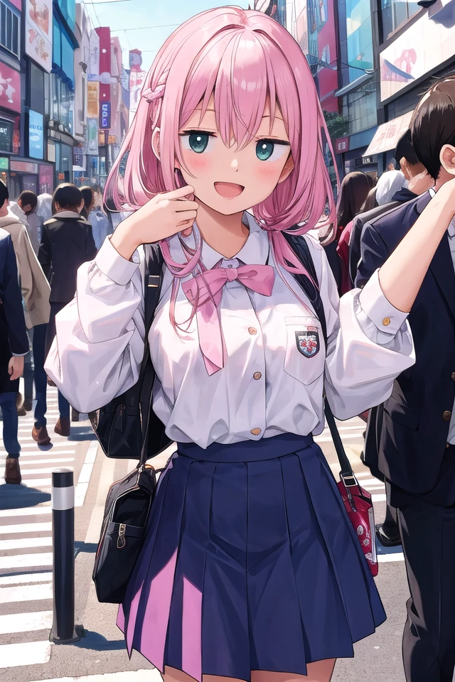 insanely detailed, absurdres, ultra-highres, ultra-detailed, best quality, 1girl, solo, 16 years old, nice hands, perfect hands, BREAK, (wearing winter school uniform), happy smile, laugh, open mouth, cute pose, cowboy shot, BREAK, slender, kawaii, perfect symmetrical face, ultra cute girl, ultra cute face, ultra detailed eyes, ultra detailed hair, ultra cute, ultra beautiful, by Canon EOS, SIGMA Art Lens 35mm F1.4, ISO 200 Shutter Speed 2000, in harajuku, shibuya, tokyo, street, crowd, cityscape, medium breasts, , BREAK, (pink medium hair, dark green eyes), hair between eyes
<lora:hotarueye_jitome11_v100:1>