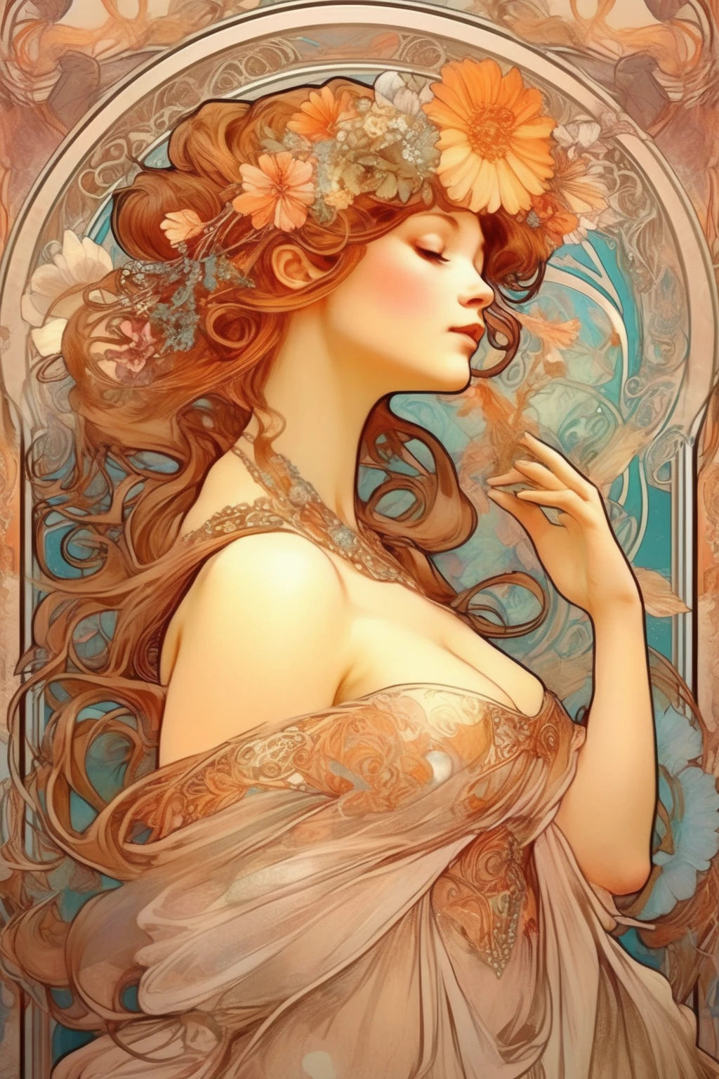 <lora:Alphonse Mucha Style:1>Alphonse Mucha Style - Draw inspiration from Alphonse Mucha's art style, characterized by flowing lines, intricate patterns, and decorative motifs. Include elements like delicate floral patterns, ethereal hair adorned with flowers or jewels, and ornate accessories to enhance the royal aesthetic.