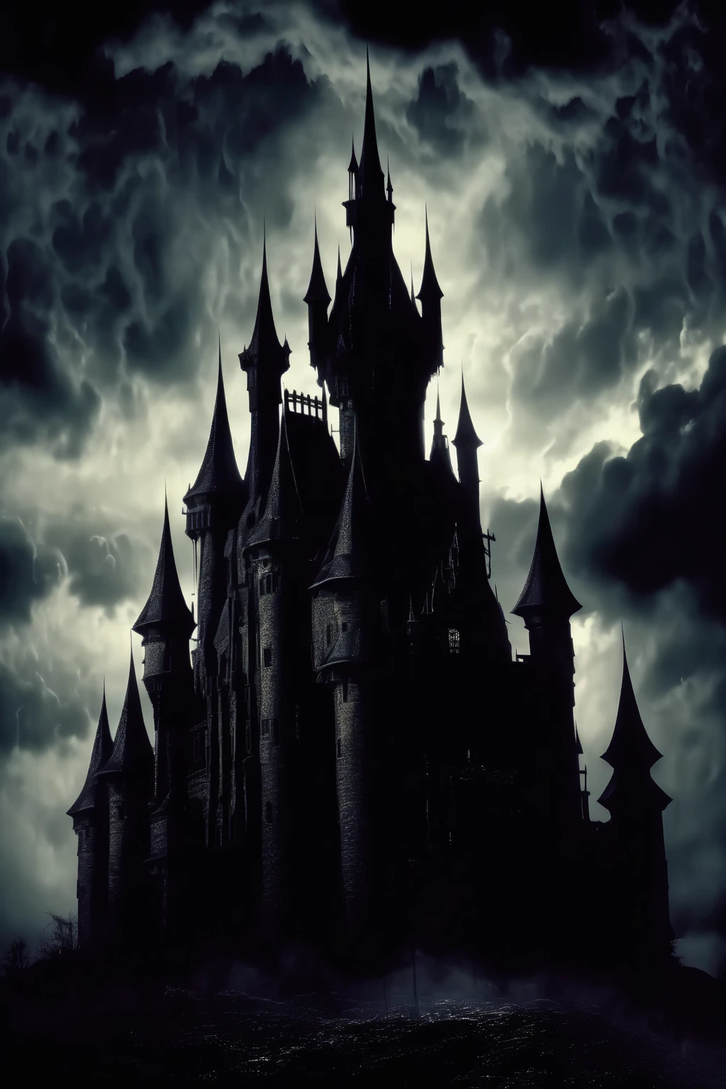<lora:Dark Fantasy:1>Dark Fantasy - creepy towering gothic castle in silhouette against a stormy sky at night