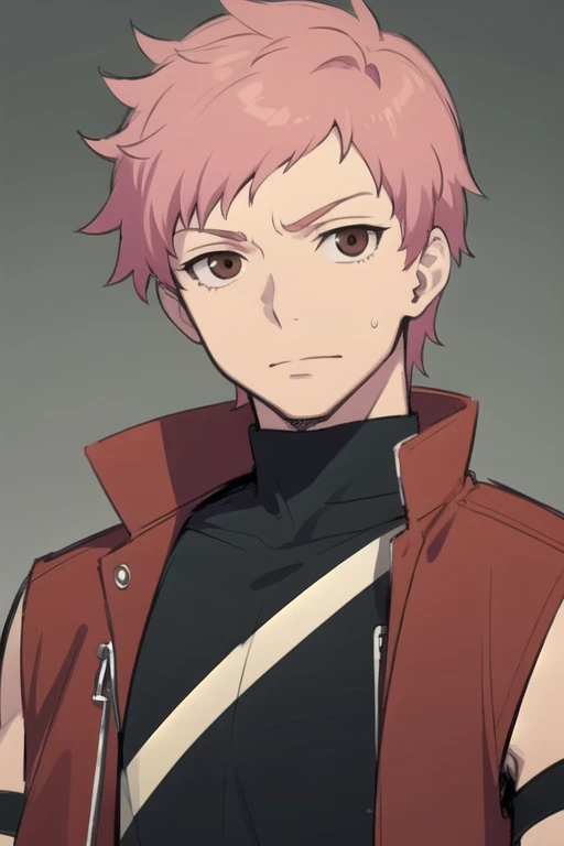 masterpiece, best quality, sketch, 1boy, solo, male focus, looking at viewer, upper body, , <lora:renzou_shima:0.70>, renzou_shima, pink hair, brown eyes, ninja costume, , High resolution
