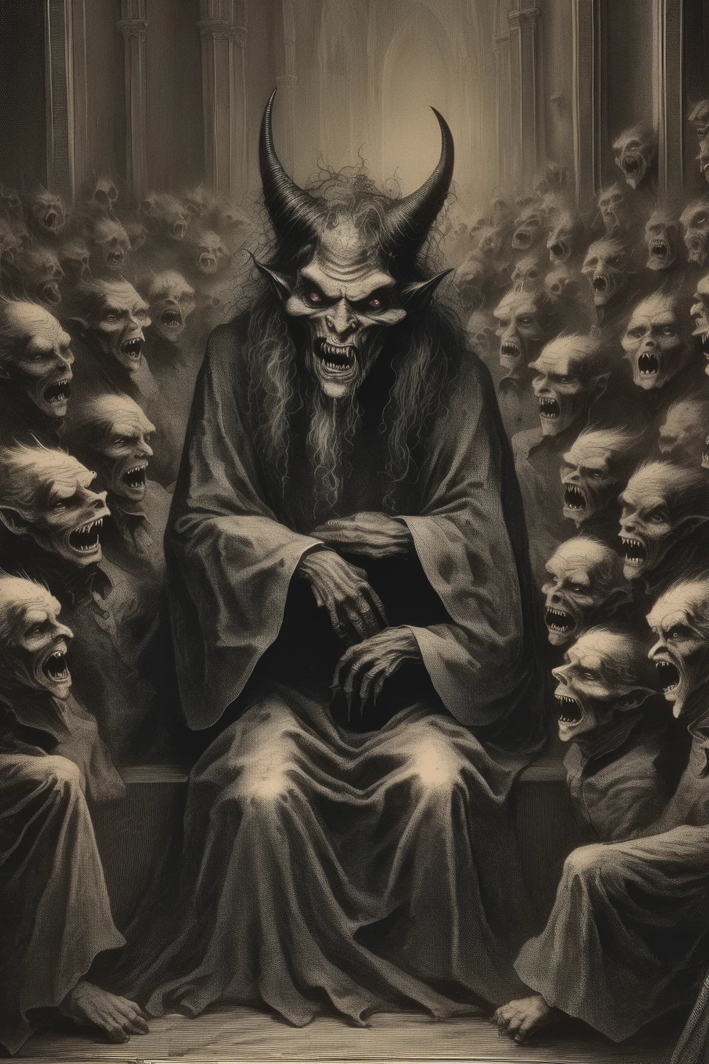 <lora:Gustave Dore Style:1>Gustave Dore Style - prim demon sits quietly in a pew all alone in the otherwise crowded church service, realistic illustration
