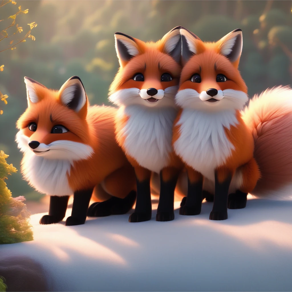 modern disney style, fluffy cute foxes, beautiful scenery, very high quality, detailed, intricate, flawless