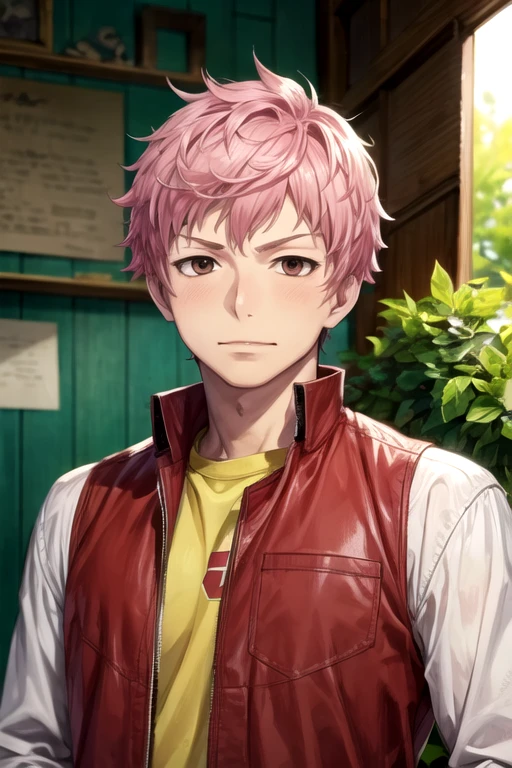 masterpiece, best quality, wallpaper, 1boy, solo, male focus, looking at viewer, upper body, , <lora:renzou_shima:0.72>, renzou_shima, pink hair, brown eyes, texan costume, ,