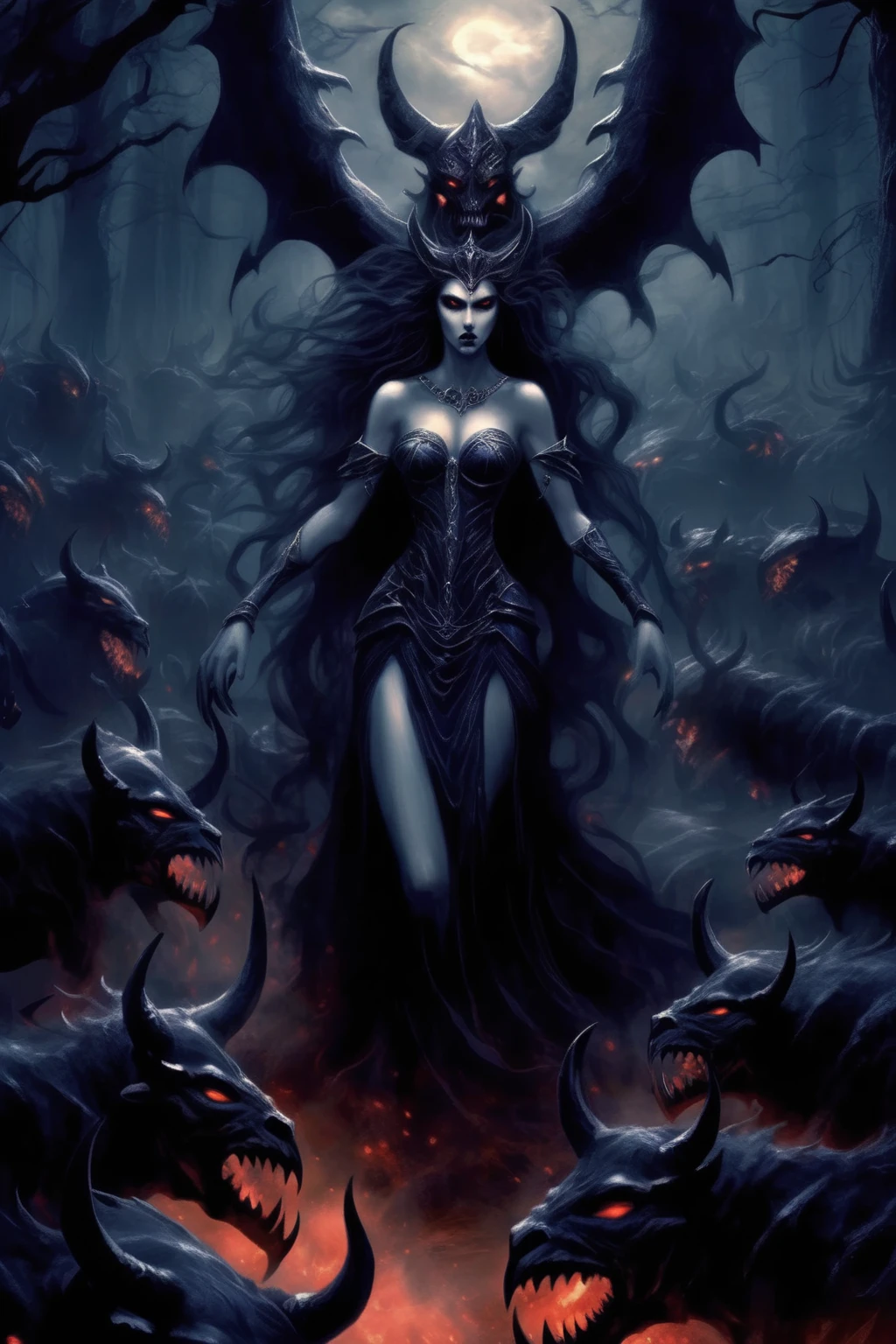 <lora:Dark Fantasy:1>Dark Fantasy - Transport yourself to a realm of eternal night, where the demonic goddess of the underworld commands legions of demonic creatures. Describe her formidable stature, towering over her minions with an aura of power and dominance. How do her sharp, fanged teeth glimmer in the dim light, and her taloned feet leave fiery footprints wherever she treads?