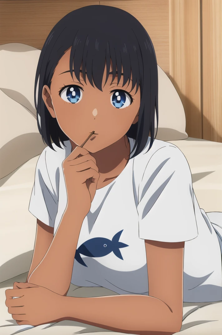 (masterpiece), (high quality), (detailed background:1.3), 1girl, solo,
<lora:SummertimeMio-v1-09:0.7>, ChopioMio, black hair, short hair, dark skin, (looking at viewer:1.3),
mature female, medium breasts,
outfit_2, t-shirt, white shirt, print shirt, short sleeves, dark blue dolphin shorts, short shorts,
bedroom, (white:1) bed, (white:1) bed sheet, (white:1) pillow, head on pillow, on bed, (on stomach, lying on bed:1), (pocky:1.2), (soles:1.2), woman lying down <lora:Pose_OnStomachFeetUp:0.8>