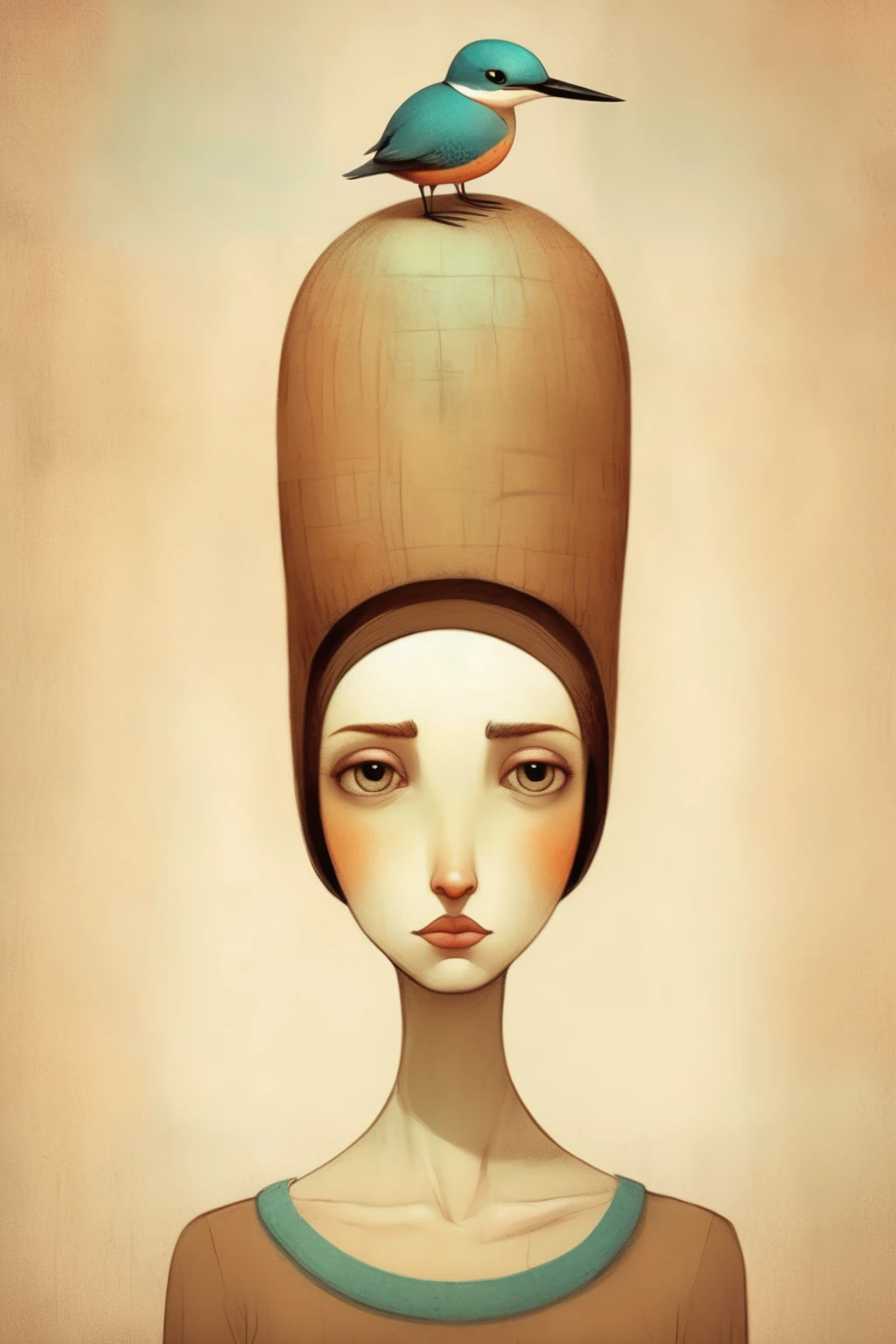 <lora:Gabriel Pacheco Style:1>Gabriel Pacheco Style - brown bobed woman with common-kingfisher on her head both looking to the viewer, cute funny character art adult illustration picture book design