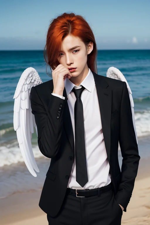 best quality,
1boy, 
standing, 
skinny, androgynous, 
white wings, angel wings, feathered wings, large wings, 
black suit, white shirt, 
black necktie, open jacket, 
orange hair, hair between eyes, sidelocks, long hair, messy hair, 
bored, 
beach, dawn, dark,