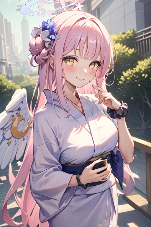 best quality, masterpiece, highres, solo, {yukata:1.40}, {kimono:1.20}, {mika_bluearchive:1.15}, pink_hair, halo, bangs, yellow_eyes, long_hair, hair_ornament, hair_bun, single_side_bun, hair_flower, flower, scrunchie, wings, blush, smile, breasts, white_wings, bow, angel_wings, feathered_wings, blue_bow, wrist_scrunchie, low_wings, very_long_hair