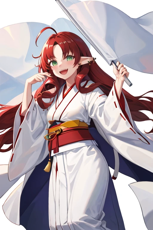 best quality, masterpiece, highres, solo, {white kimono:1.35}, {red hakama:1.35}, {wide sleeves:1.20}, {myrtle_arknights:1.15}, long_hair, pointy_ears, bangs, red_hair, ahoge, green_eyes, smile, parted_bangs, open_mouth, piercing, blush, ear_piercing, brown_hair