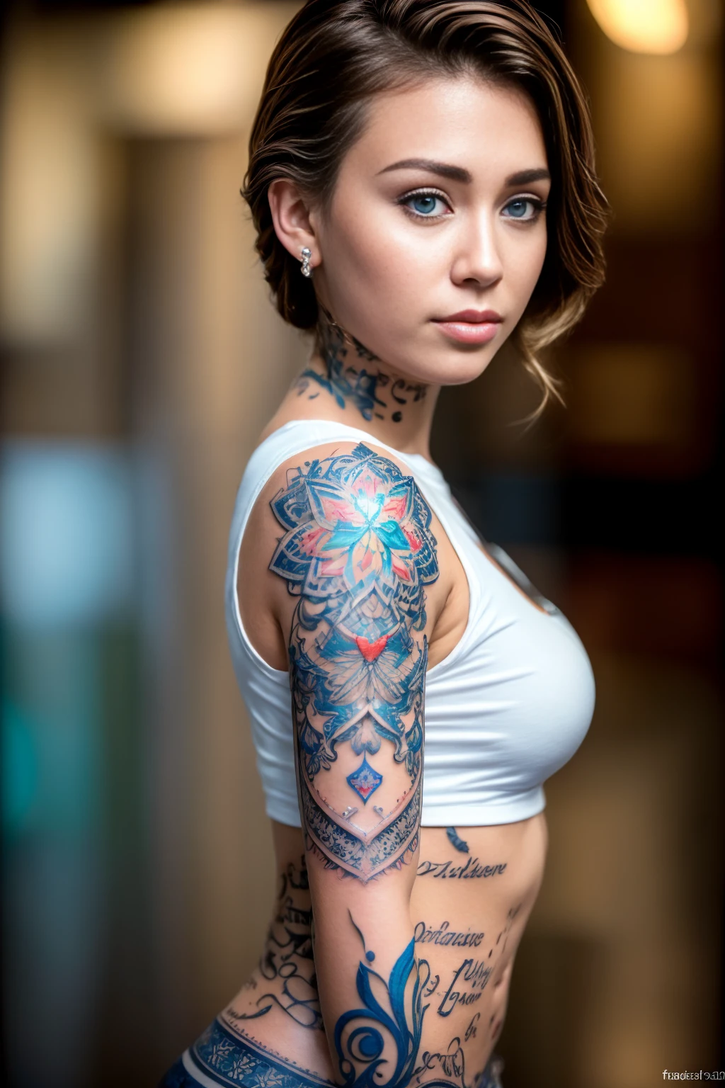 <lora:sleeve_tattoo_v2:0.7> fullsleevetattoo, stattoo
Masterpiece, best quality, (highly detailed raw photo:1. 2), 8k render in octane, volumetric lighting, volumetric shadows  <lora:more_details:0.7>
1girl, miley cirus, brunette, light blue eyes