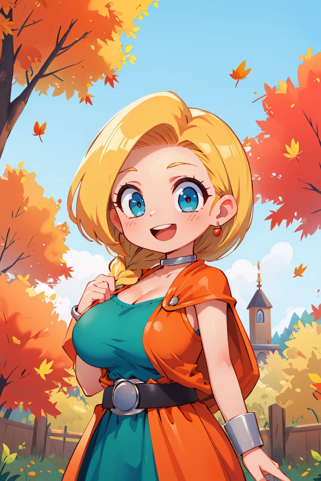 masterpiece, best quality, dqBianca, single braid, earrings, choker, orange cape, green dress, belt, huge breasts, chibi, looking at viewer, smile, open mouth, village, autumn <lora:dqbianca-nvwls-v1-000010:0.9>