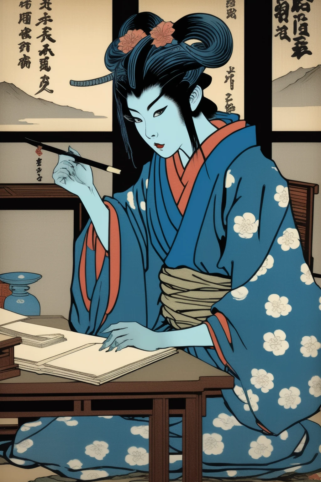 <lora:Ukiyo-e Art:1>Ukiyo-e Art - young adult tiefling woman with blue skin, wearing traditional Japanese fine clothes, sitting at a desk in a candlelit stone library background, muted colors, in the style of ukiyo-e woodblock print style