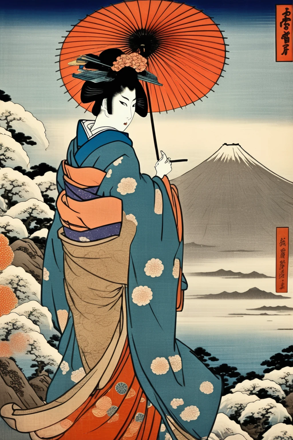 <lora:Ukiyo-e Art:1>Ukiyo-e Art - Geisha Portrait, Engraving, Japanese Fashion, Umbrella, Hokusai's Panoramic View of Fuji, 1830s, in the Style of Utagawa Kuniyoshi