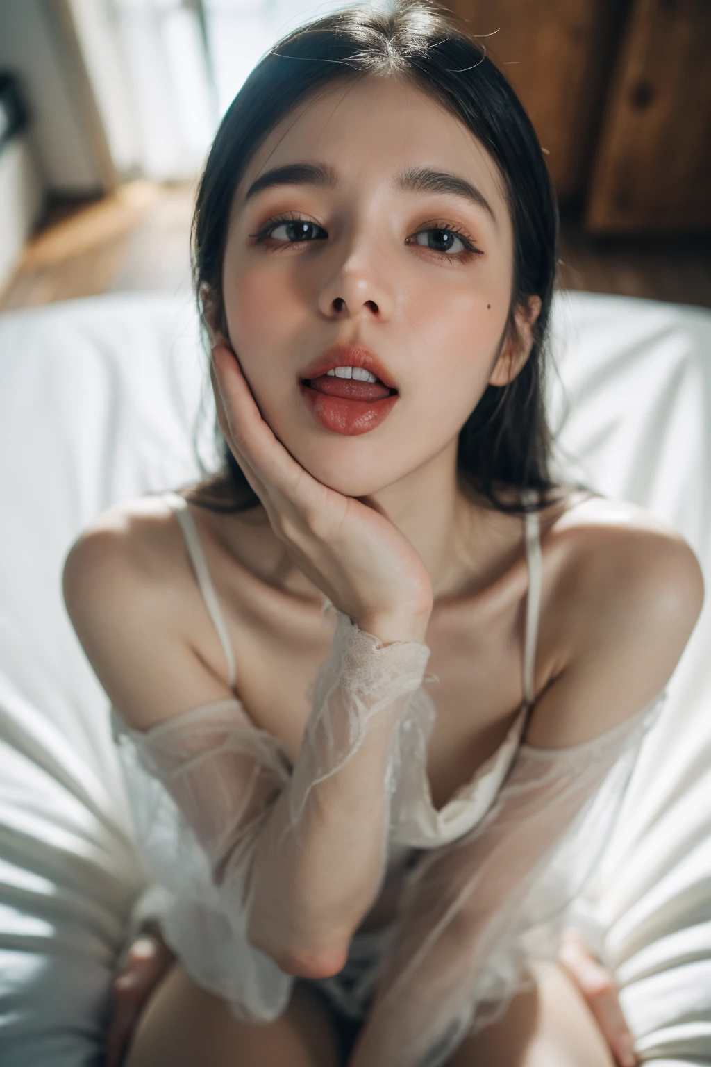 ((masterpiece), (best quality), ultra high res, (raw photo:1.2), (photorealistic:1.4), Exceptional detail, highres,   8k, absurdres, bar, alcohol, (close up), ((pov)), ((black See-through)), silk clothes, 
CN Girl6, 1girl, black hair, long hair, tongue, realistic, breasts, open mouth, looking at viewer, (oral invitation:1.2), blurry, tongue out, long hair, black eyes, pov, (male holding girls head:1.8), solo focus, depth of field, medium breasts, sitting, looking up
<lora:Chenchen_v2-000013:0.65>