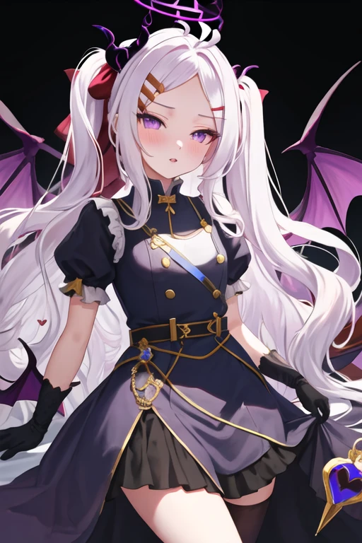 best quality, masterpiece, highres, solo, {hina_bluearchive:1.15}, long_hair, white_hair, horns, bangs, purple_eyes, parted_bangs, ahoge, demon_horns, hair_ornament, hairclip, halo, blush, multiple_horns, very_long_hair, 1girl, bow, choker, dress, gloves, heart, heart_hair_ornament, holding, holding_wand, looking_at_viewer, parted_lips, two_side_up, wand, alternate_costume, magical_girl, puffy_sleeves, puffy_short_sleeves, short_sleeves, demon_wings, hair_bow, sidelocks, wings, black_gloves, demon_girl, forehead, twintails