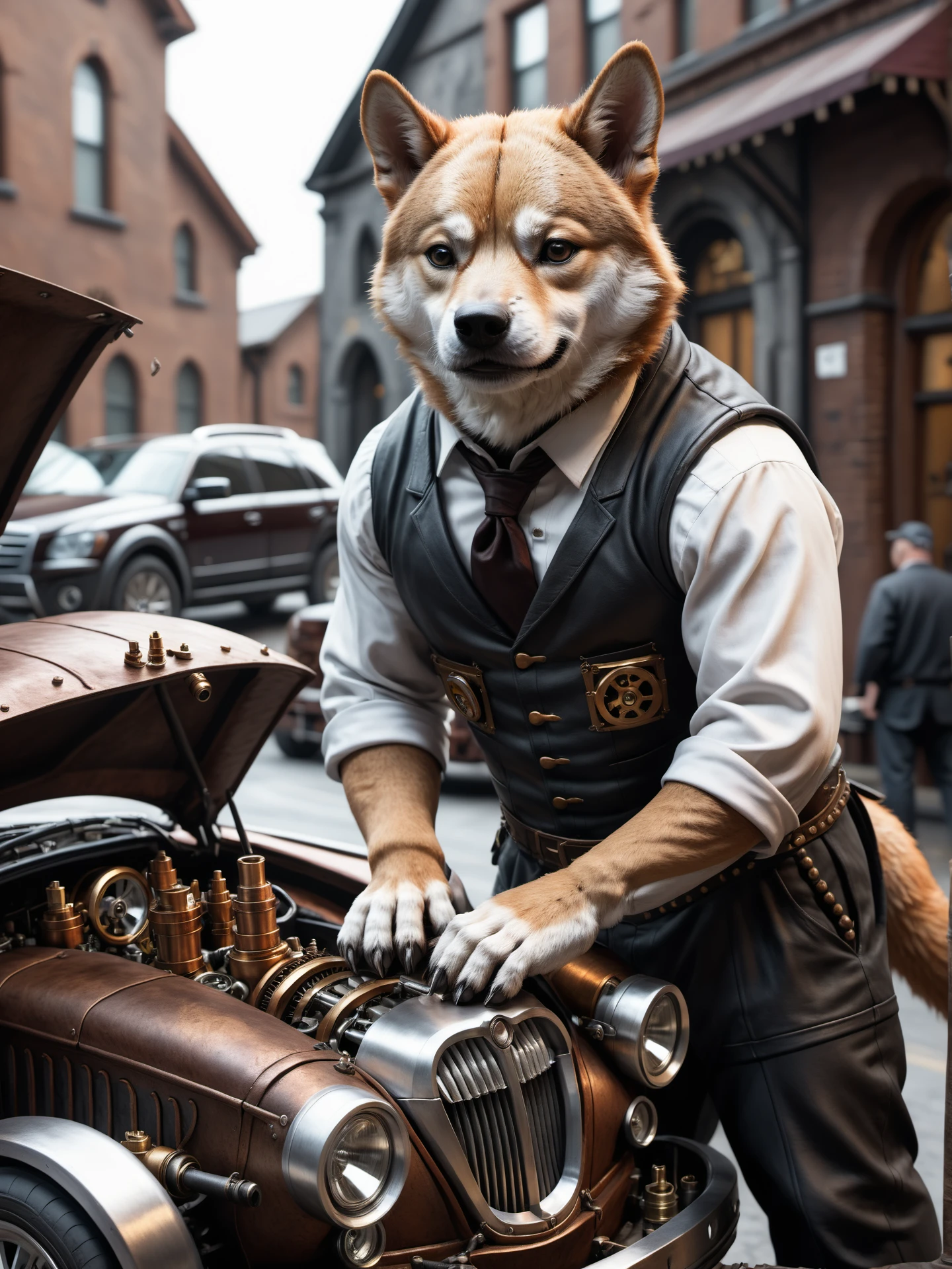 an shiba inu mechanic is repairing his steampunk car, detailed, realistic, 8k uhd, high quality