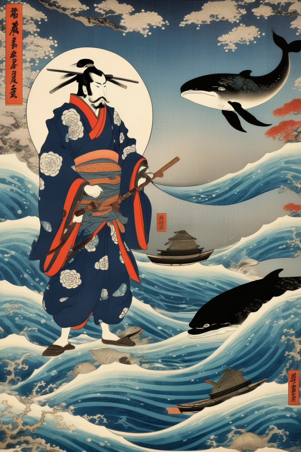 <lora:Ukiyo-e Art:1>Ukiyo-e Art - under the deep blue sea, a japanese samurai, aisolated nature medicine and a whale