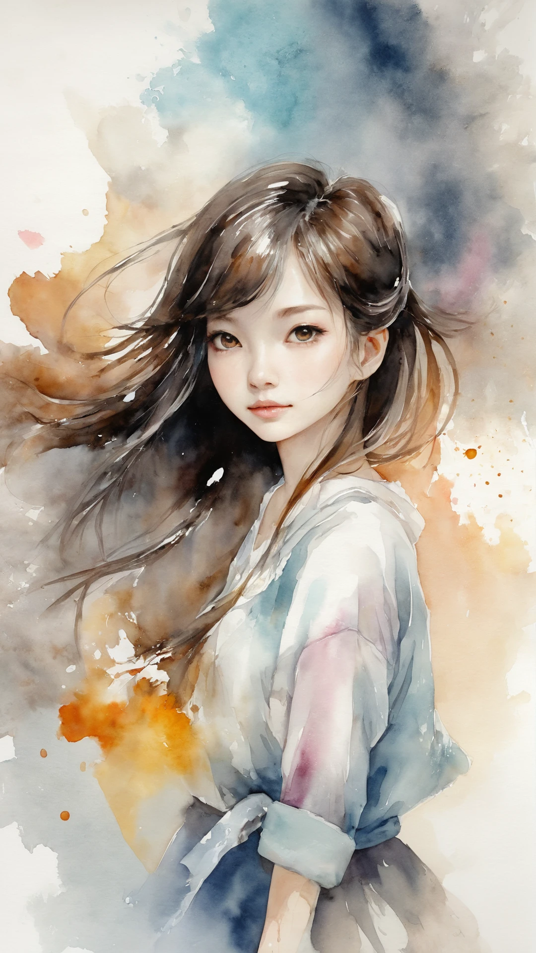 absurdres, highres, ultra detailed, (1girl:1.3), kawaii BREAK expressive brush strokes, ink wash, gradation, poetic atmosphere, delicate balance, fluid motion