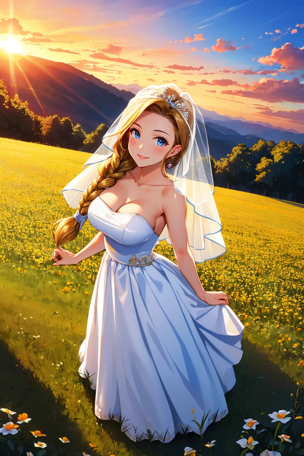 masterpiece, best quality, dqBianca, single braid, wedding dress, earrings, large breasts, wedding veil, smile, from above, field, sunset<lora:dqbianca-nvwls-v1-000010:0.9>