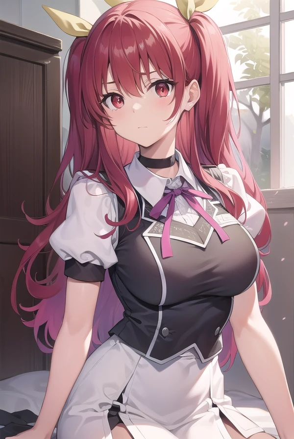 Stella Vermillion, Stella Vermillion, hair between eye, Hair intake, Hair Ribbon, Long hair, (Red Eyes:1.5), Red hair, two side up, Yellow Ribbon,Blake Black Choker, Choker, emblem, garter strap, Neck ribbon, Plaid, Puffy Short Sleeves, Puffy sleeves, Purple Ribbon, Red hair, bow ribbon, , Shirt, Short sleeves, Skirt, thighs thighs thighs thighs, White shirt, White skirt,BREAK looking at viewer,
Break indoors, Classroom,Romper (masutepiece:1.2), Best Quality, High resolution, Unity 8k Wallpaper, (Illustration:0.8), (Beautiful detailed eyes:1.6), extra detailed face, Perfect Lighting, extremely details CG, (Perfect hands, Perfect Anatomy),Naughty big、a smile
