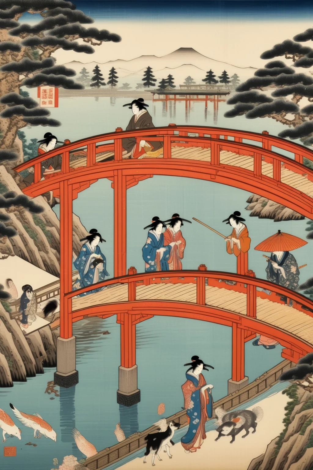<lora:Ukiyo-e Art:1>Ukiyo-e Art - ukiyo-e Japanese isometric woodblock painting of a bridge over a lake with tatami and screens with women and animals