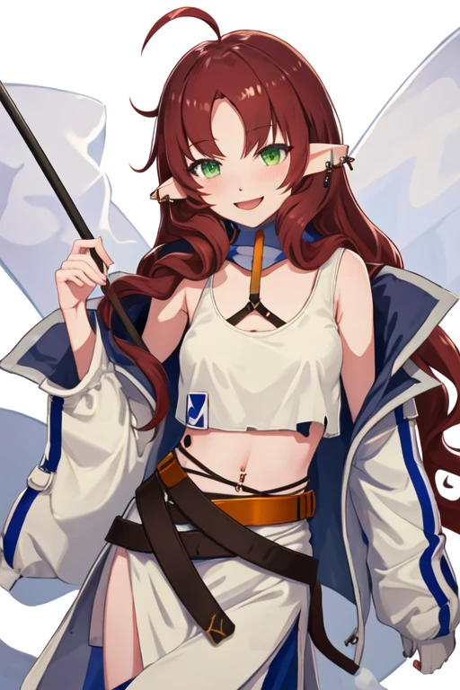 best quality, masterpiece, highres, solo, {myrtle_arknights:1.15}, long_hair, pointy_ears, bangs, red_hair, ahoge, green_eyes, smile, parted_bangs, open_mouth, piercing, blush, ear_piercing, brown_hair