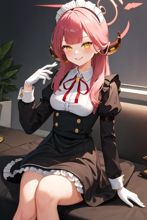 best quality, masterpiece, highres, solo, {maid:1.40}, {long maid dress:1.15}, {aru_bluearchive:1.15}, horns, bangs, long_hair, pink_hair, halo, ribbon, smile, neck_ribbon, blush, breasts, red_ribbon, yellow_eyes