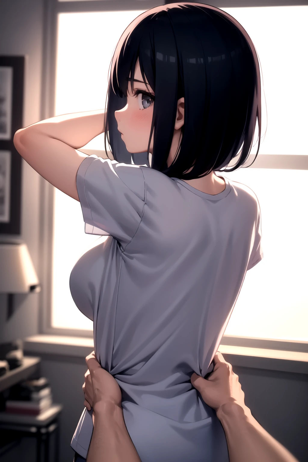 <lora:pov_torso_grab_v0.1a:1.0> 
1girl, pov hands, deep skin, upper body, looking back, grabbing, t-shirt,, masterpiece, best quality, highly detailed