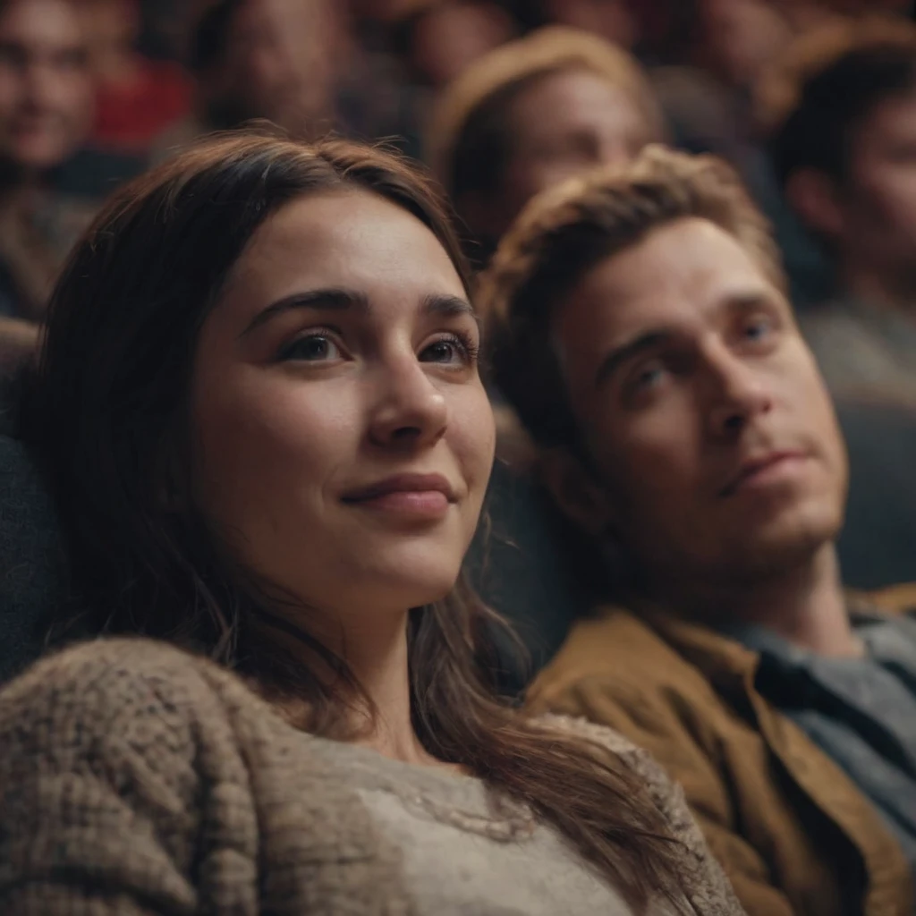 photograph close up portrait of Embraced couple enjoying in a movie in theatre , cinematic 4k epic detailed 4k epic detailed photograph shot on kodak detailed bokeh cinematic hbo dark moody