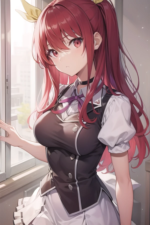 stellavermillion, <lora:stellavermillion-lora-nochekaiser:1>,
stella vermillion, hair between eyes, hair intakes, hair ribbon, long hair, (red eyes:1.5), red hair, two side up, yellow ribbon,
BREAK black choker, choker, emblem, garter straps, neck ribbon, plaid, puffy short sleeves, puffy sleeves, purple ribbon, red hair, ribbon, school uniform, shirt, short sleeves, skirt, thighhighs, white shirt, white skirt,
BREAK looking at viewer,
BREAK indoors, classroom
BREAK <lyco:GoodHands-beta2:1>, (masterpiece:1.2), best quality, high resolution, unity 8k wallpaper, (illustration:0.8), (beautiful detailed eyes:1.6), extremely detailed face, perfect lighting, extremely detailed CG, (perfect hands, perfect anatomy),