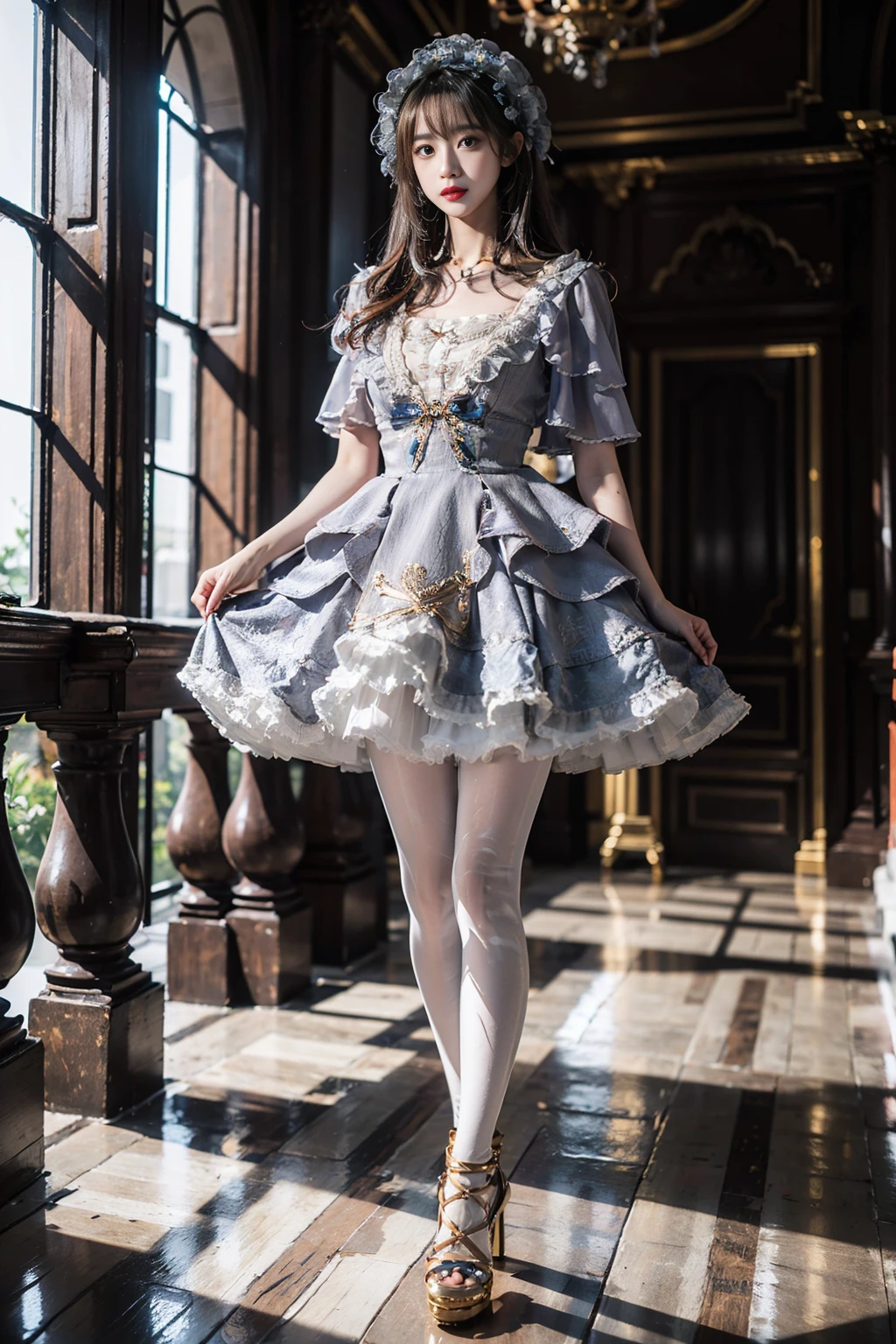 best quality, quality, masterpiece, photorealistic, 1girl, solo, full body, looking at viewer, standing, lo dress, hair ornament, white pantyhose, white high heels, detailed background, indoors, palace, luxury decorations, dramatic lighting, <lora:lo_dress_vol2_style2_v2:0.65>