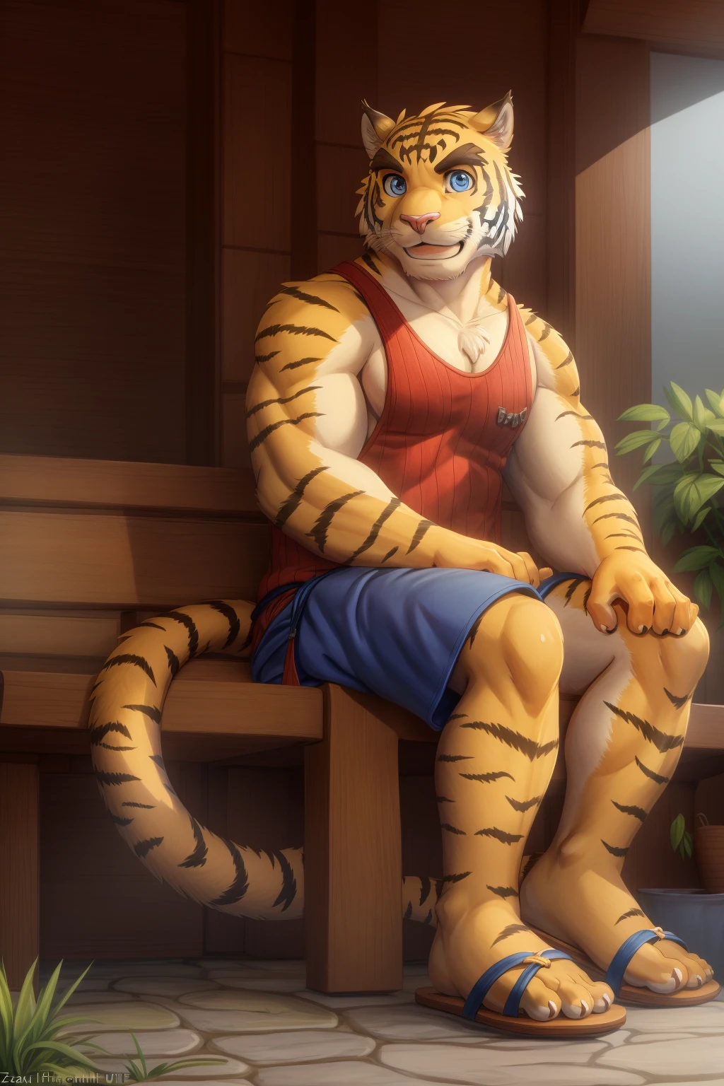 <lora:torahikoV2-07:1>, torahiko, solo, blue eyes, muscular, (tiger tail), bara, (pose:1.3), (posing:1.3), (soft shading), 4k, hi res, five fingers, detailed hands, ((detailed face, (detailed eyes:1.0), detailed)), (full body), by zackarry911, by zaush, (by personalami:0.5), solo, smile, short hair, 1boy, sitting, male focus, shorts, sandals, tank top, blue shorts, pectoral cleavage