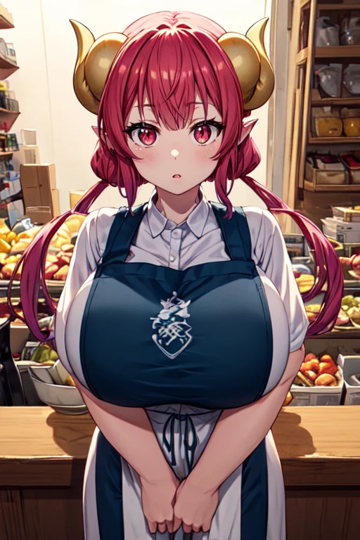 (masterpiece:1.2), (best quality), (ultra detailed), (8k, 4k, intricate),(full-body-shot:1.2),(cowboy:1.2),(highly detailed:1.2),(detailed face:1.2), (detailed background),(portrait),detailed landscape, (dynamic pose:1.2),<lora:more_details:0.5>, <lora:ilulu:0.7>ilulu 1girl, solo, long hair, breasts, looking at viewer, bangs, shirt, red eyes, twintails, upper body, pink hair, horns, pointy ears, huge breasts, apron, slit pupils, dragon horns, dragon girl, breast rest, shop, breasts on table