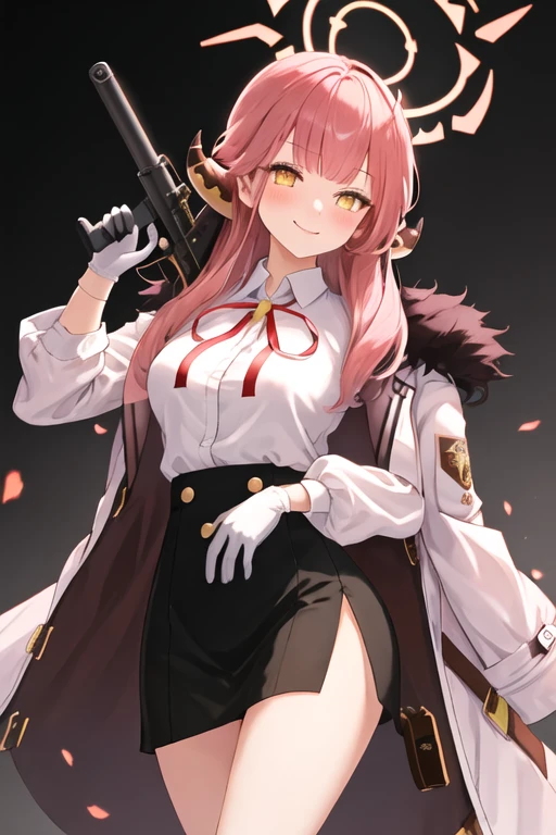 best quality, masterpiece, highres, solo, {aru_bluearchive:1.15}, horns, bangs, long_hair, pink_hair, halo, ribbon, smile, neck_ribbon, blush, breasts, red_ribbon, yellow_eyes, 1girl, black_skirt, collared_shirt, fur-trimmed_jacket, fur_trim, gloves, gun, holding, holding_gun, holding_weapon, jacket, long_sleeves, looking_at_viewer, rifle, shirt, skirt, sniper_rifle, weapon, white_gloves, white_shirt, coat, high-waist_skirt, blunt_bangs