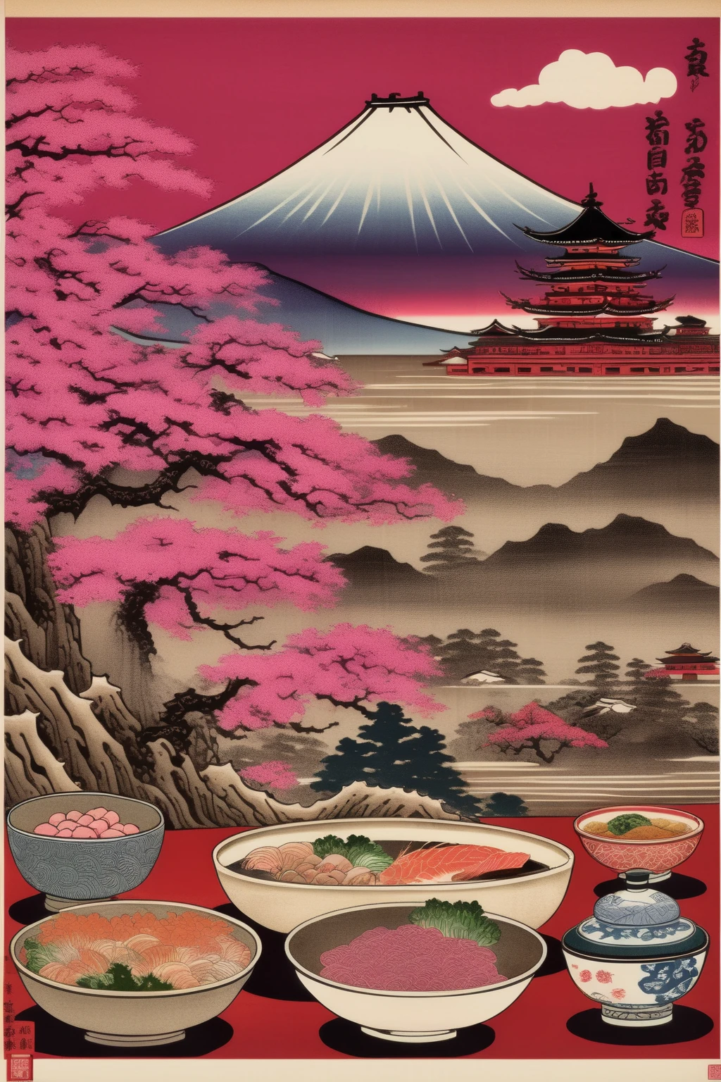 <lora:Ukiyo-e Art:1>Ukiyo-e Art - An image representing 'The History and Traditions of Japanese Cuisine'. Japanese woodblock prints Style. The image should be imbued with an atmospheric quality that evokes the timeless traditions and the deep history that inform Japanese culinary arts. The dominant color of the design should be Viva Magenta (Pantone 18-1750). Please ensure the design captures the essence of Japan's gastronomic legacy in a sophisticated and evocative way