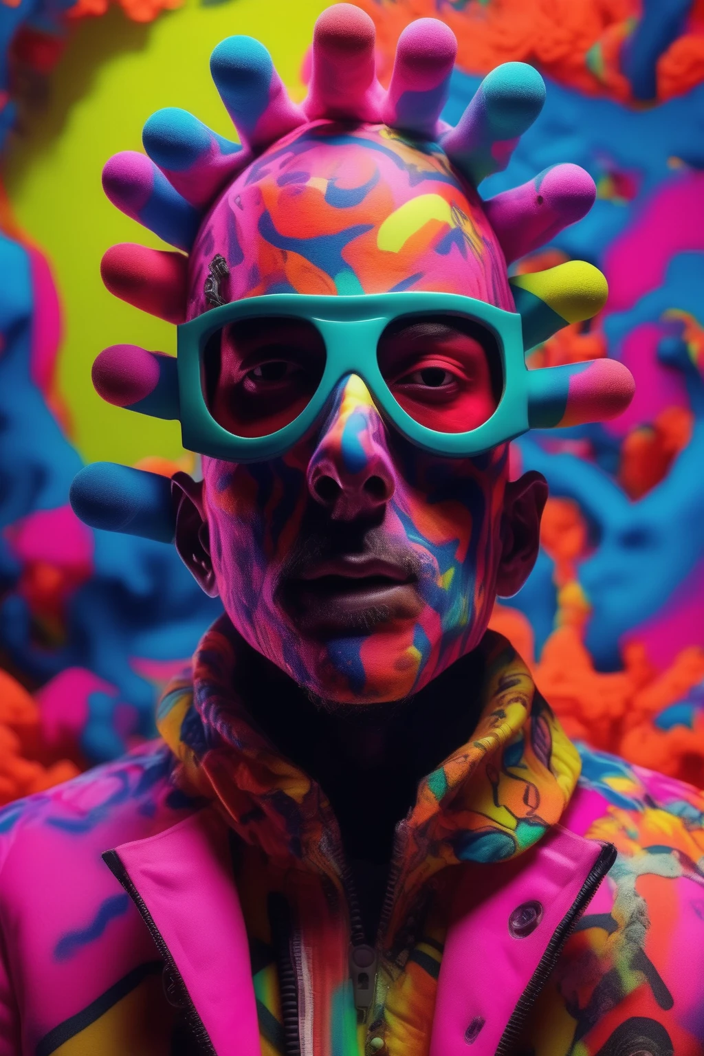 <lora:Yoh Nagao Style:1>Yoh Nagao Style - Imagine music producer, his face covered with big mask. The image should be in the style of Tim Walker, with an experimental and trippy perspective. The man should be surrounded by bold and vibrant shapes in neon colors. The scene should be shot with a Sony A7R III and a Sigma 35mm f/1.4 ART lens and rendered in photorealistic 8k ultra crispy HD cinematography. The mood should be mesmerizing and the atmosphere should be hypermaximalist, with insane and intricate details. The lighting should be volumetric, moody, and studio-style, using cinematic color grading and post-processing techniques like screen space and ray tracing reflections. The background must be a solid color.