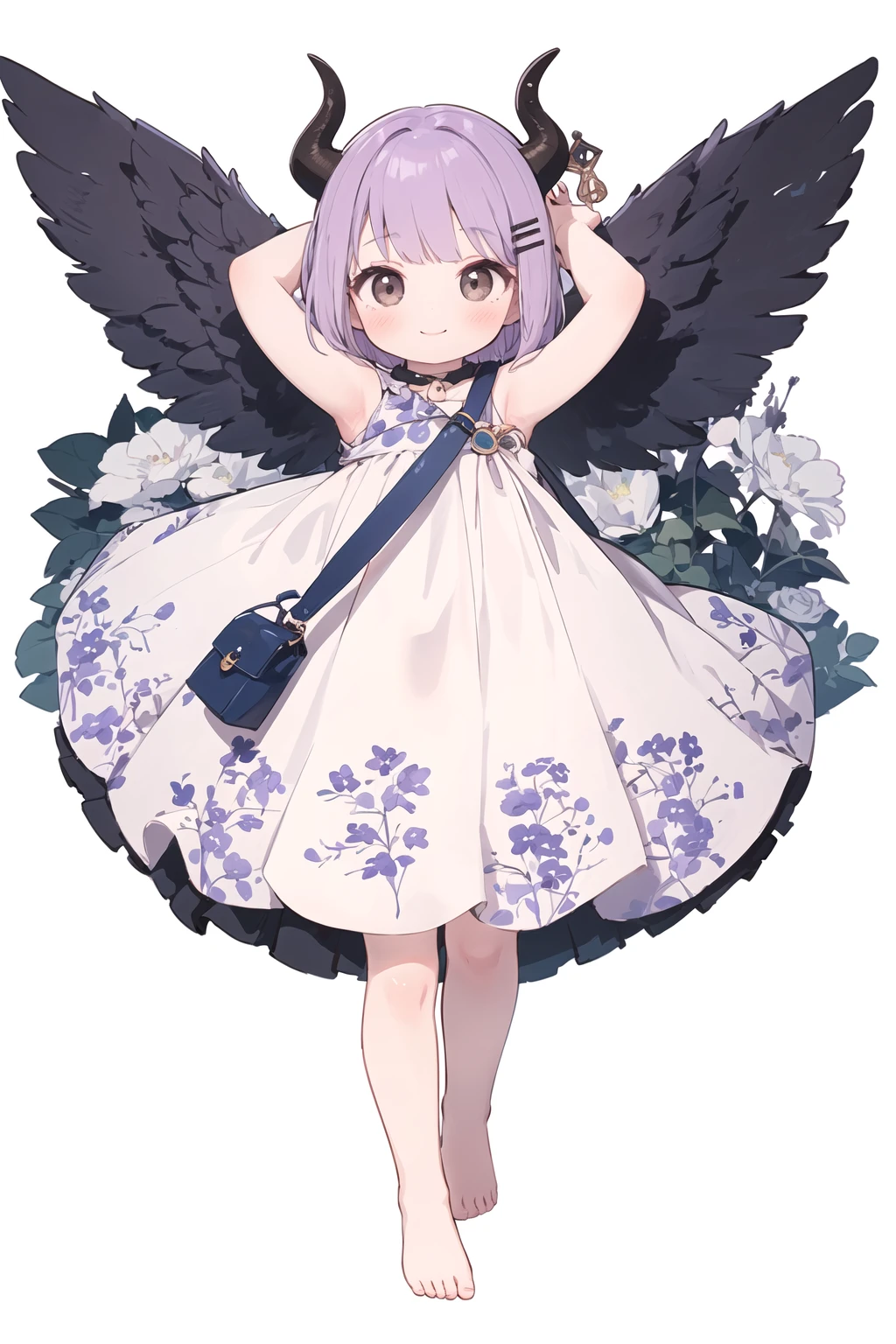 1girl, solo, barefoot, bag, hair ornament, smile, dress, horns, white background, simple background, brown eyes, hairclip, white dress, short hair, blush, shoulder bag, full body, purple hair, looking at viewer, arms up, standing, closed mouth, child, wings, floral print