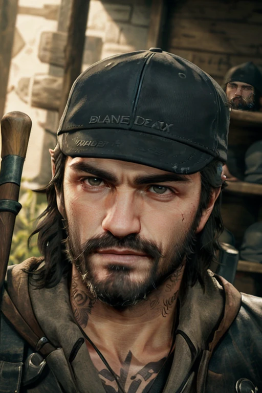 DeekDays, 1boy, male focus, beard, facial hair, solo, portrait, realistic, hat, tattoo, black hair, black headwear, weapon
<lora:DeekDays:0.7>