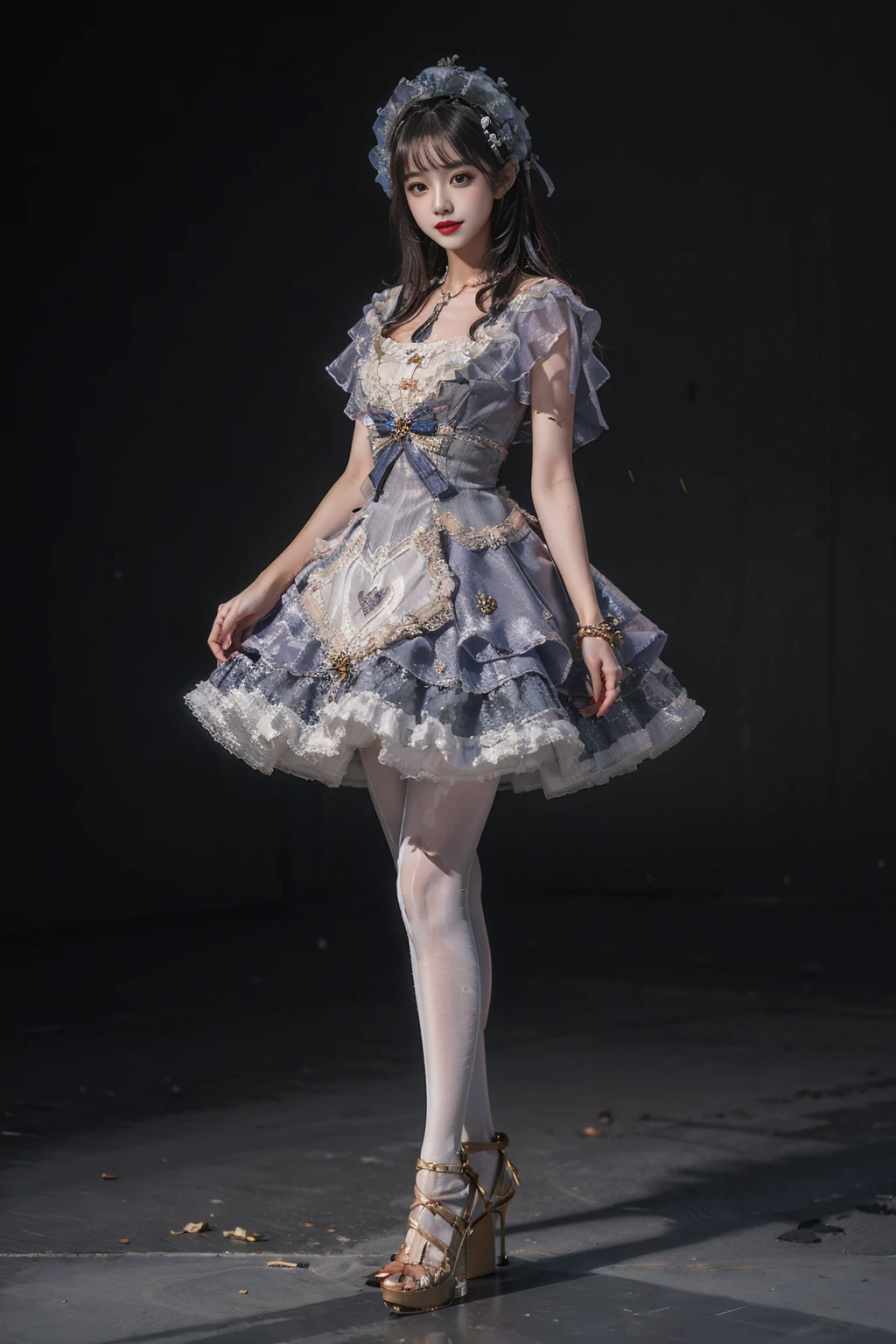 best quality, quality, masterpiece, photorealistic, 1girl, solo, full body, looking at viewer, standing, lo dress, hair ornament, white pantyhose, white high heels, simple background, <lora:lo_dress_vol2_style2_v2:0.65>, <lora:CINEMATICV5:0.6>