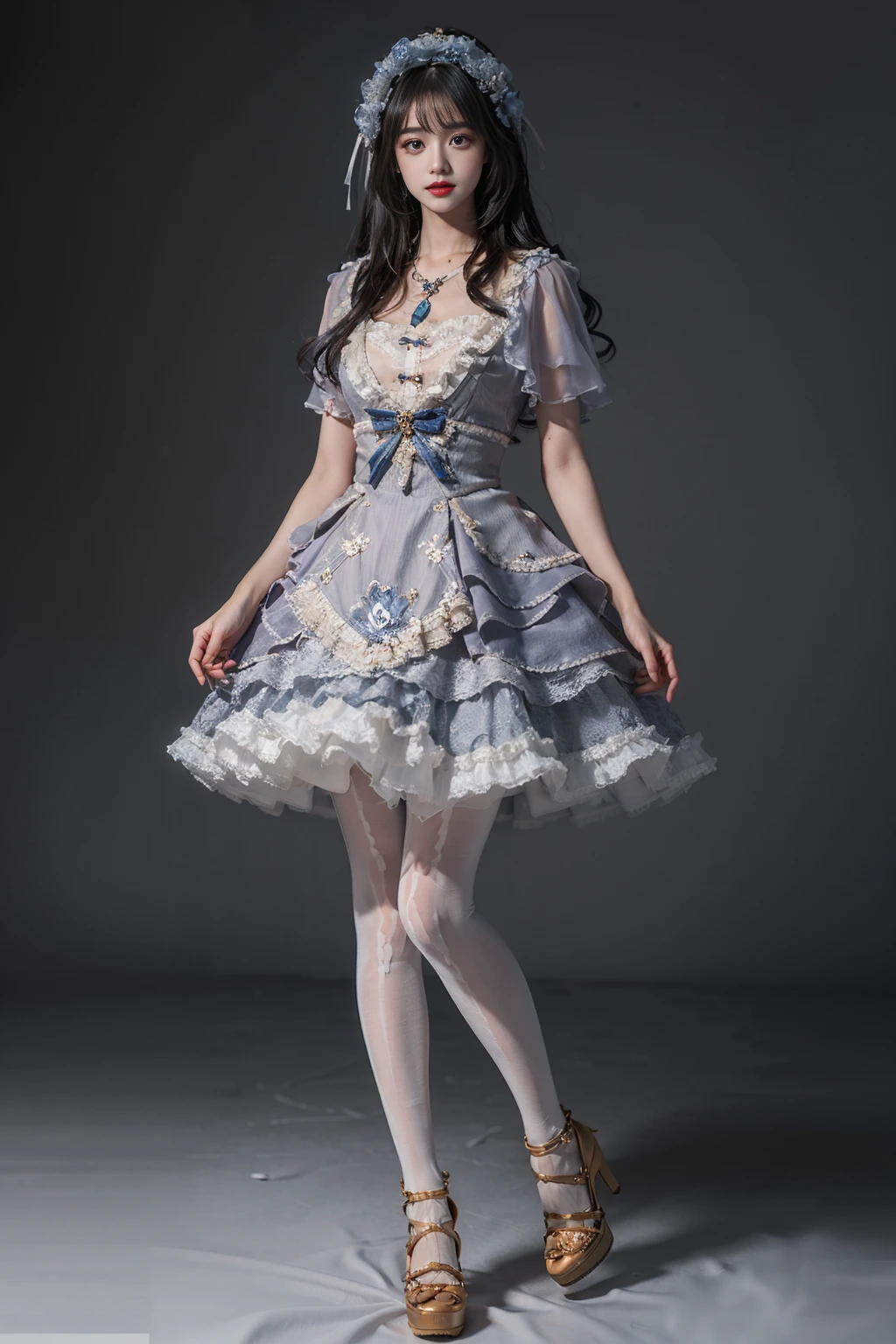 best quality, quality, masterpiece, photorealistic, 1girl, solo, full body, looking at viewer, standing, black hair, long hair, lo dress, hair ornament, white pantyhose, white high heels, simple background, <lora:lo_dress_vol2_style2_v2:0.65>