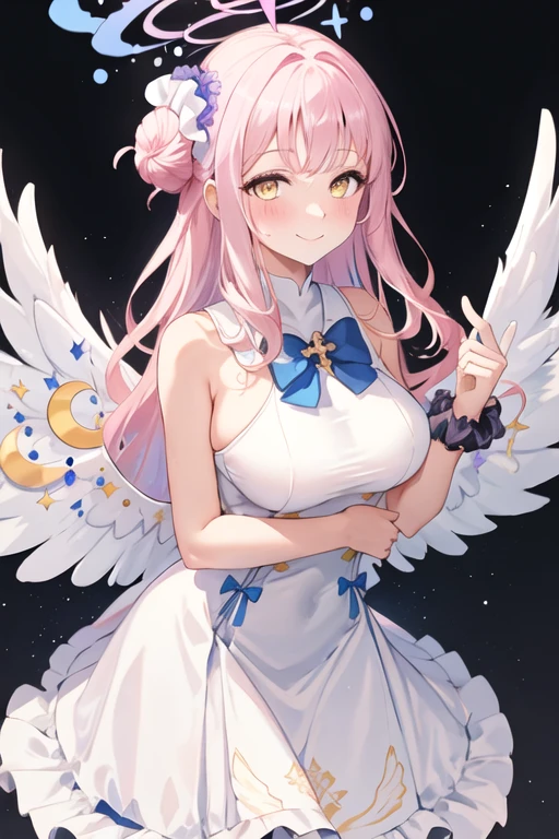 best quality, masterpiece, highres, solo, {mika_bluearchive:1.15}, pink_hair, halo, bangs, yellow_eyes, long_hair, hair_ornament, hair_bun, single_side_bun, hair_flower, flower, scrunchie, wings, blush, smile, breasts, white_wings, bow, angel_wings, feathered_wings, blue_bow, wrist_scrunchie, low_wings, very_long_hair, 1girl, dress, looking_at_viewer, sleeveless, sleeveless_dress, white_dress, closed_mouth, bare_shoulders, large_breasts, white_background