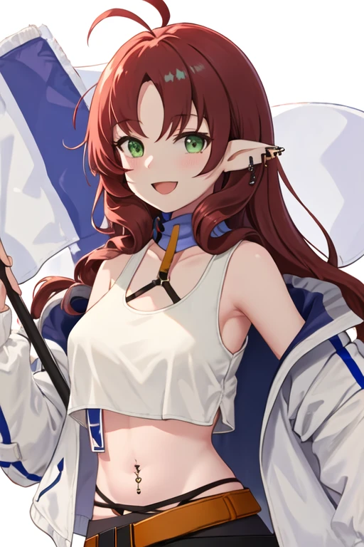 best quality, masterpiece, highres, solo, {myrtle_arknights:1.15}, long_hair, pointy_ears, bangs, red_hair, ahoge, green_eyes, smile, parted_bangs, open_mouth, piercing, blush, ear_piercing, brown_hair, 1girl, jacket, looking_at_viewer, tank_top, white_jacket, off_shoulder, white_background, white_tank_top, bare_shoulders, flag, simple_background, open_clothes, :d, crop_top, open_jacket, upper_body, holding, long_sleeves, midriff, navel