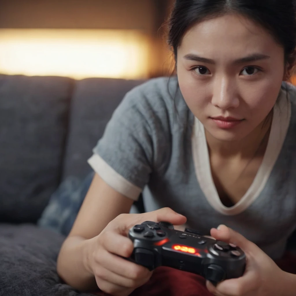 photograph close up portrait of Young Chinese woman playing video game on sofa,happy,excited, cinematic 4k epic detailed 4k epic detailed photograph shot on kodak detailed bokeh cinematic hbo dark moody