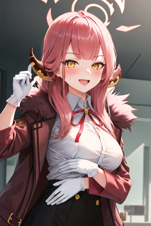 best quality, masterpiece, highres, solo, {aru_bluearchive:1.15}, horns, bangs, long_hair, pink_hair, halo, ribbon, smile, neck_ribbon, blush, breasts, red_ribbon, yellow_eyes, 1girl, coat, fur_trim, looking_at_viewer, open_mouth, shirt, white_shirt, collared_shirt, fur-trimmed_coat, upper_body, gloves, white_gloves, sweat