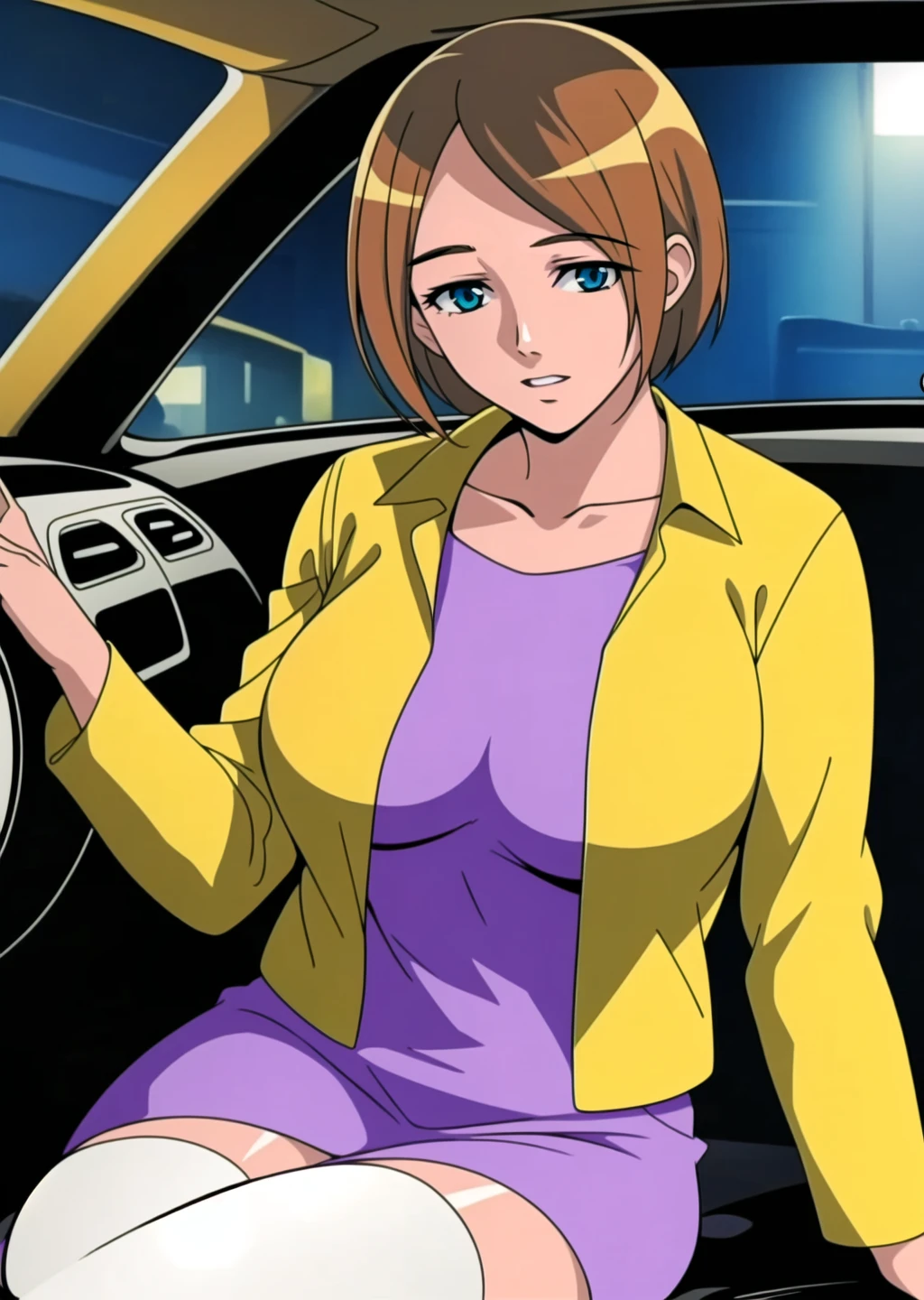 minako haruno
(solo:1.4)
1girl,brown hair, blue eye, short hair,((collarbone)), white thighhighs, (large breasts:1.4), beautiful face, ti
(yellow jacket:1.4),(purple dress:1.4)
sitting, car interior, look at viewer, steering wheel, parted lips
car, nighttime
portrait,(half body shot:1.05),
(masterpiece:1.4), (best quality:1.4),
professional artwork, intricate details, vivid colors, Diffused lighting, digital blending, ultra detailed body, ultra detail hair, ultra detail face, trending on pixiv,
<lora:minako_haruno_urotsukidoji_ver6-10:0.8>
